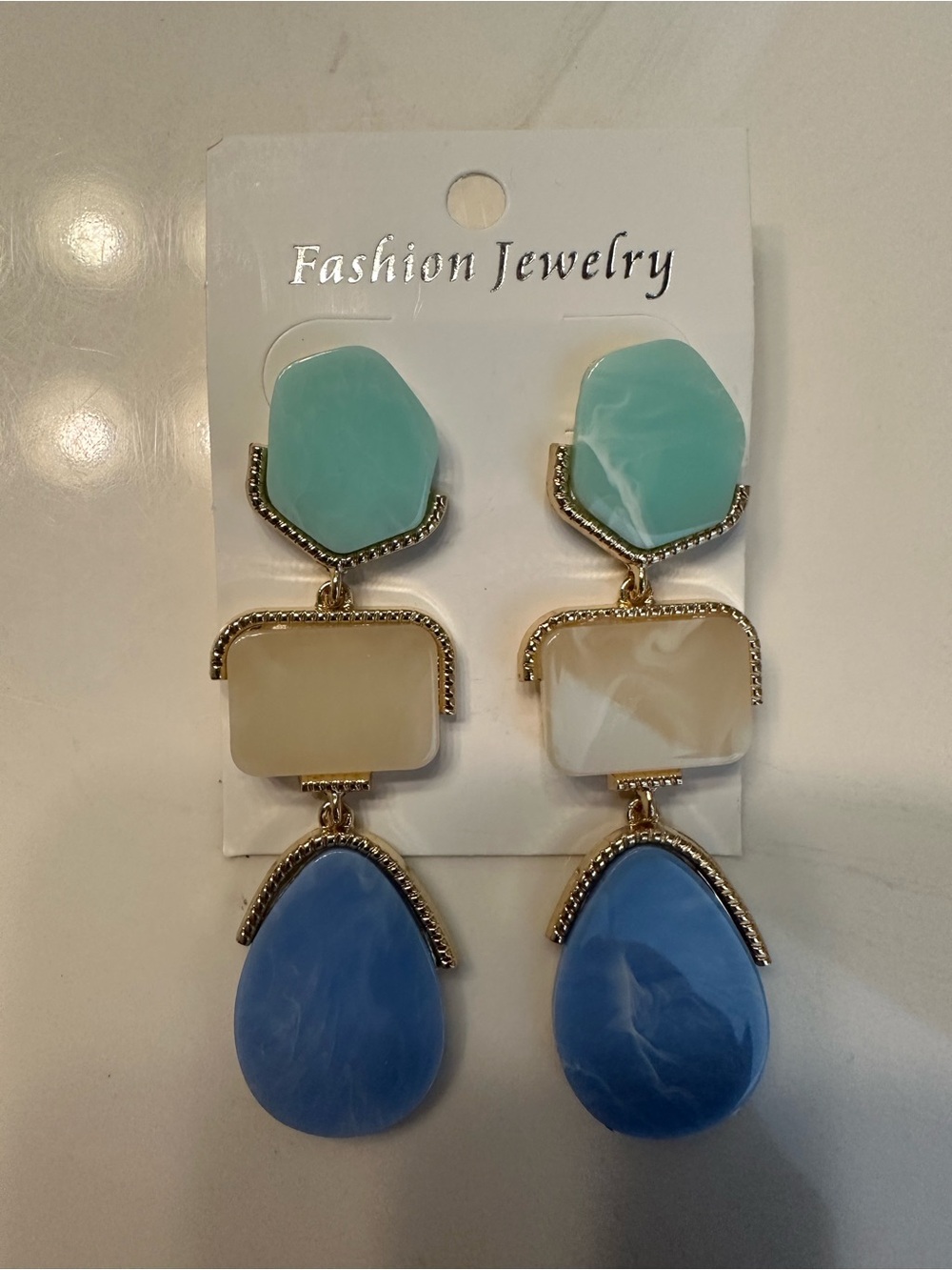 Multicolor Teardrop Statement Earrings - Blue, Mint & Cream